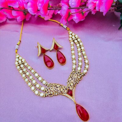 Kundan Polki Multi-Layer Necklace Set with Red Stone Drops – Bridal Jewellery