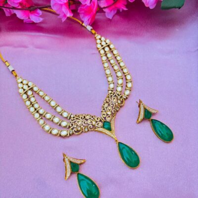 Kundan Polki Multi-Layer Necklace Set with Emerald Green Stone Drops – Bridal Jewellery