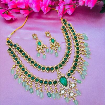 Kundan Polki Emerald Green Stone Necklace Set with Mint Beads & Pearl Drops