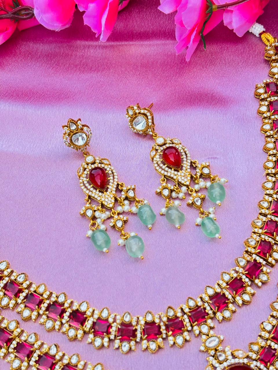 Kundan Polki Ruby Red Stone Necklace Set with Mint Beads & Pearl Drops - Image 5