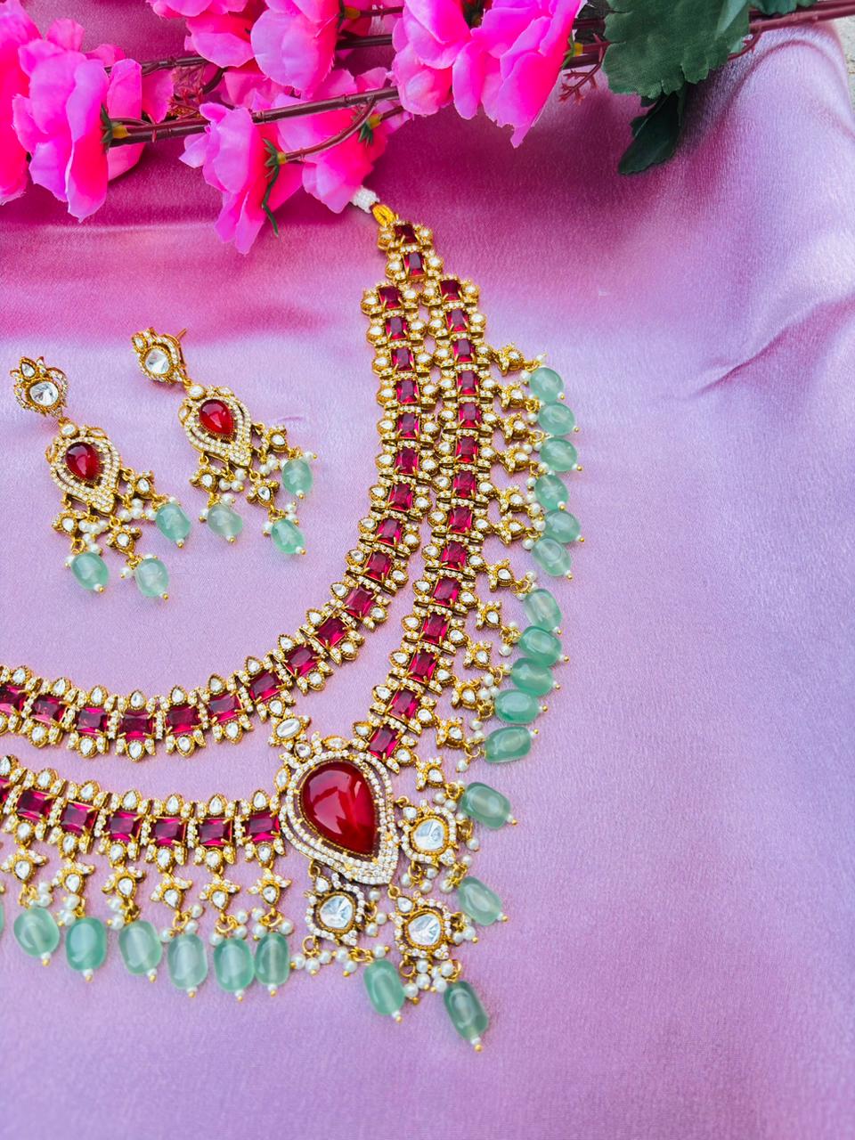 Kundan Polki Ruby Red Stone Necklace Set with Mint Beads & Pearl Drops - Image 4