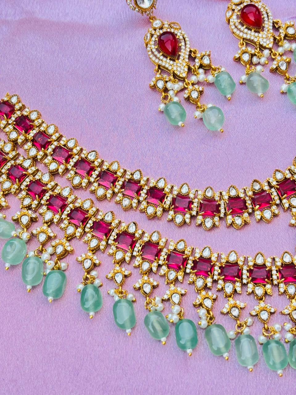 Kundan Polki Ruby Red Stone Necklace Set with Mint Beads & Pearl Drops - Image 3
