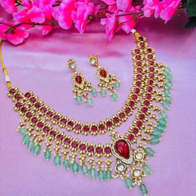 Kundan Polki Ruby Red Stone Necklace Set with Mint Beads & Pearl Drops