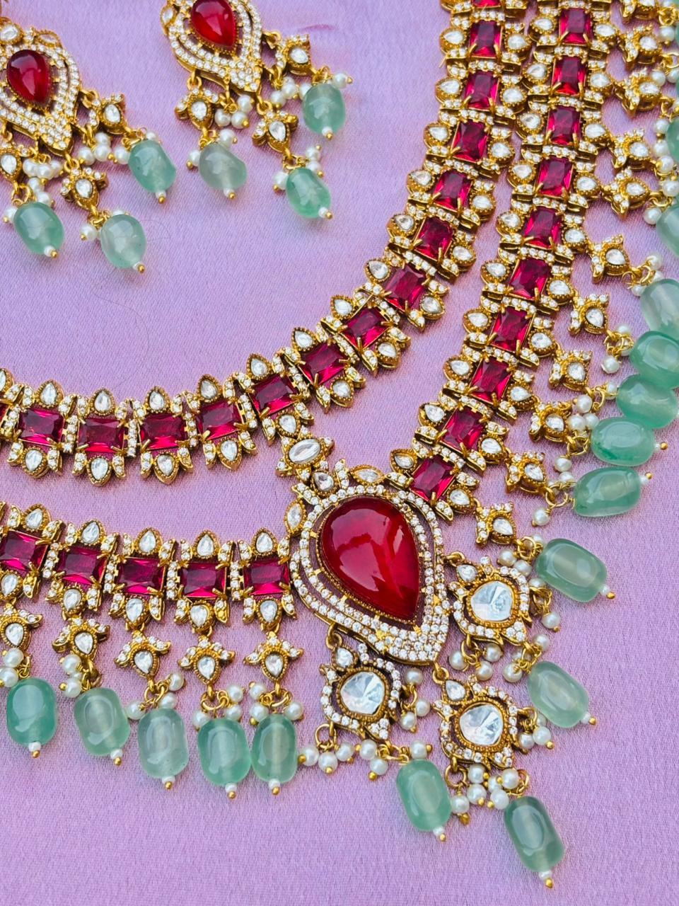 Kundan Polki Ruby Red Stone Necklace Set with Mint Beads & Pearl Drops - Image 2