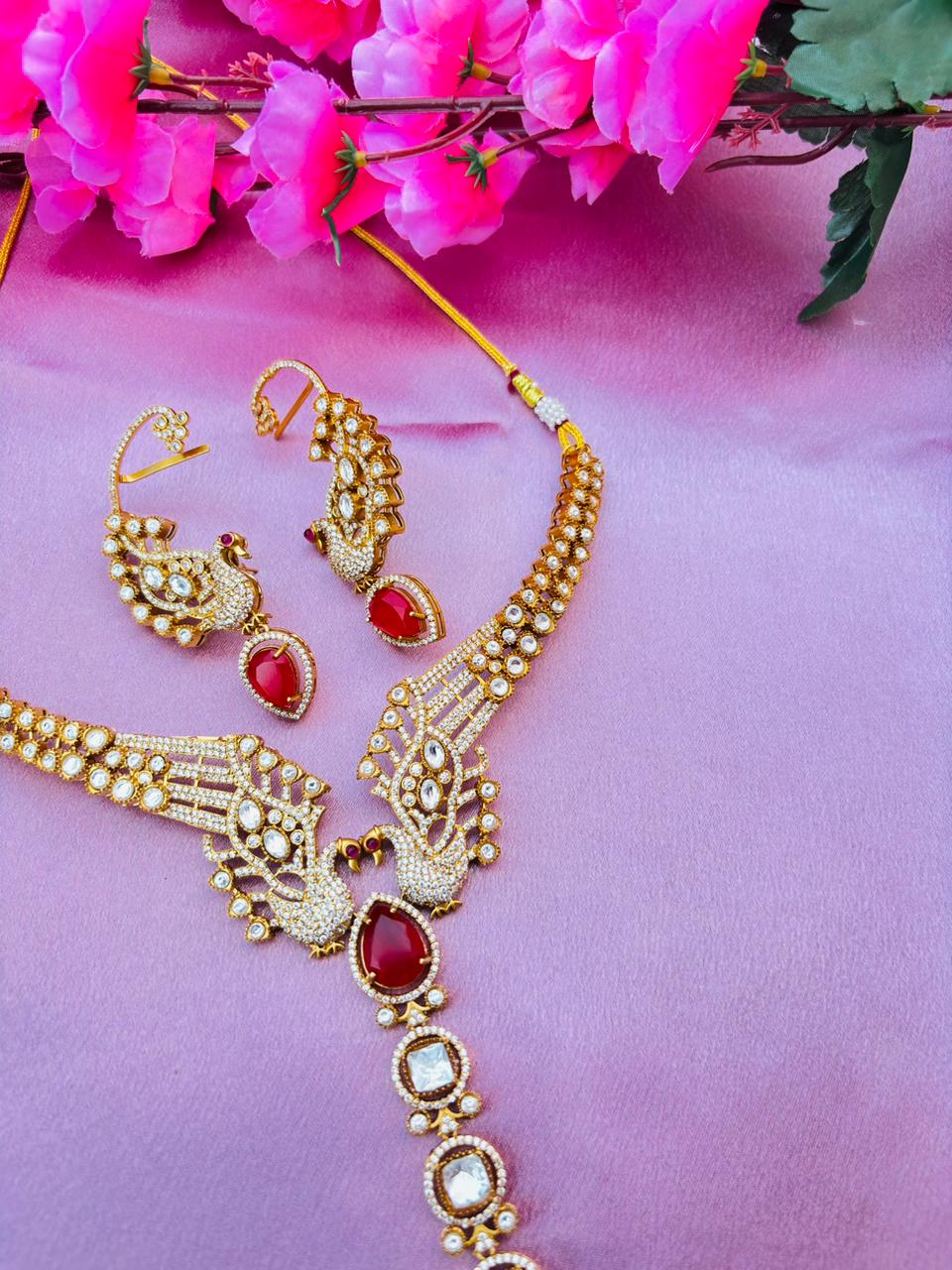 Premium Kundan Peacock Necklace Set – Ruby Red - Image 4
