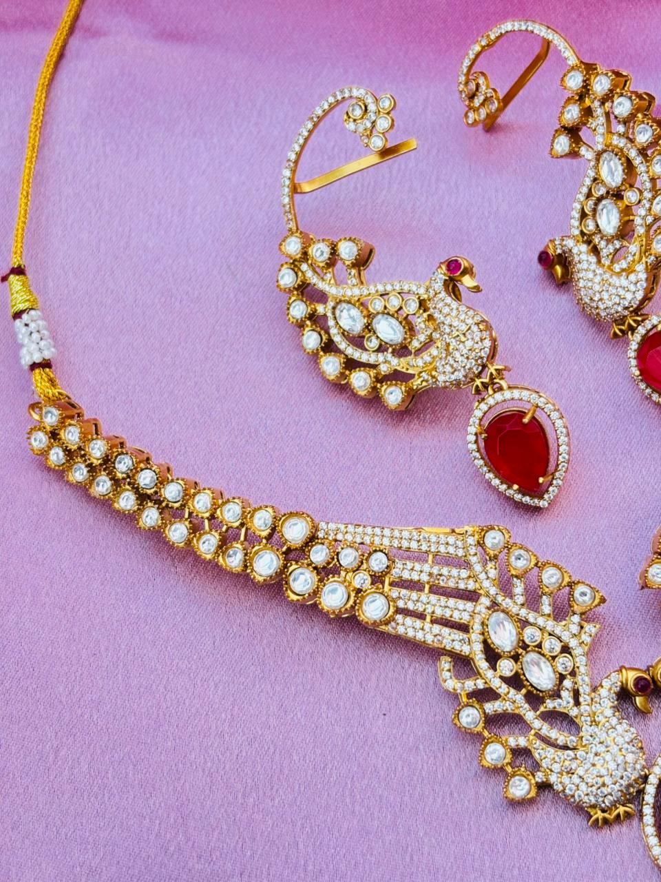 Premium Kundan Peacock Necklace Set – Ruby Red - Image 3
