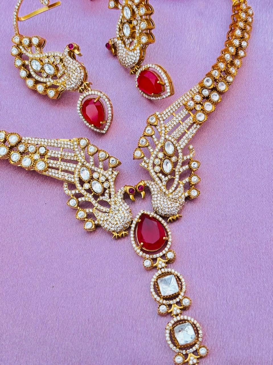 Premium Kundan Peacock Necklace Set – Ruby Red - Image 2