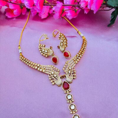 Premium Kundan Peacock Necklace Set – Ruby Red