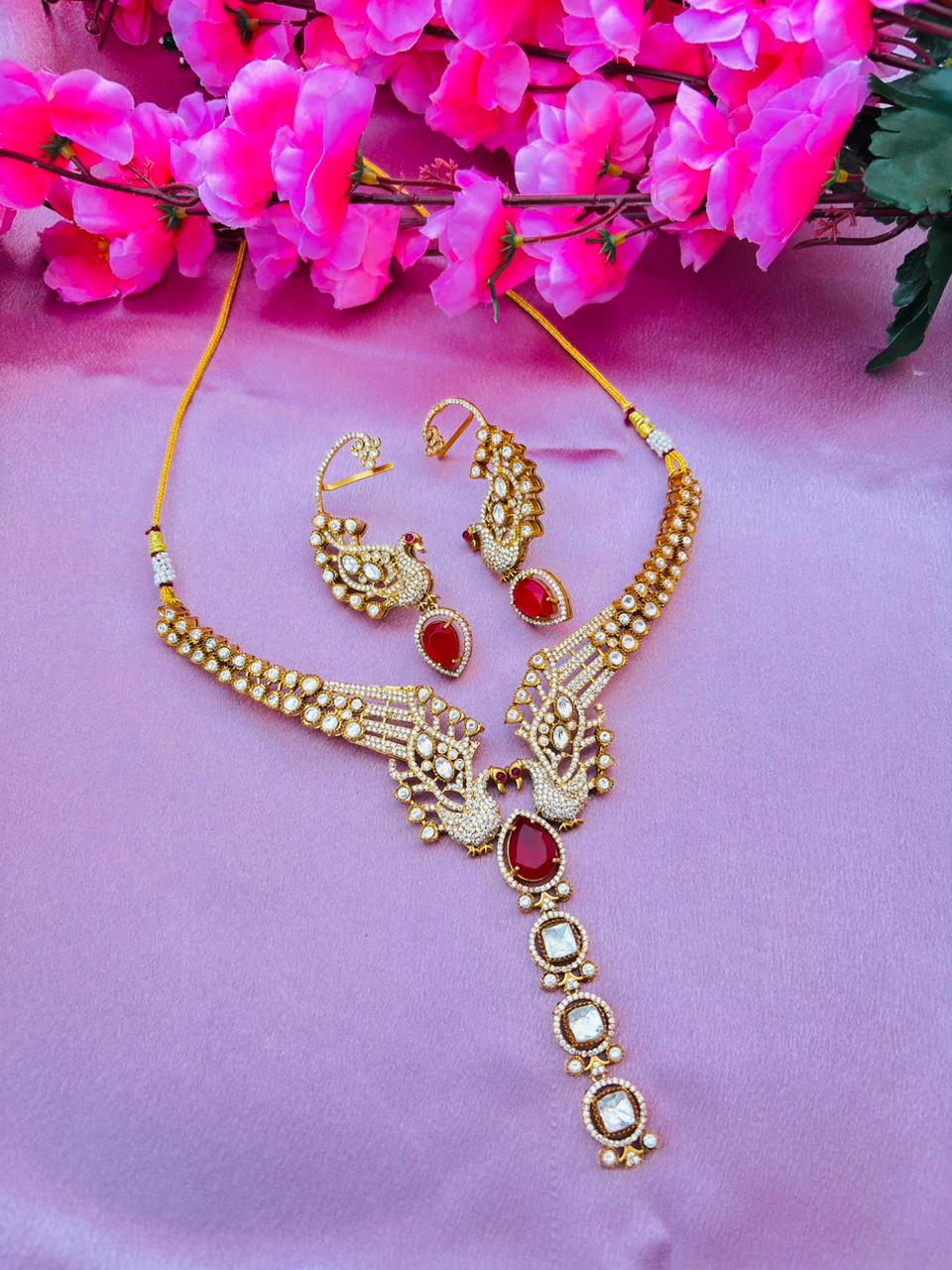 Premium Kundan Peacock Necklace Set – Ruby Red