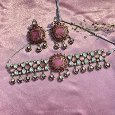 Pink Polki Choker Necklace Set