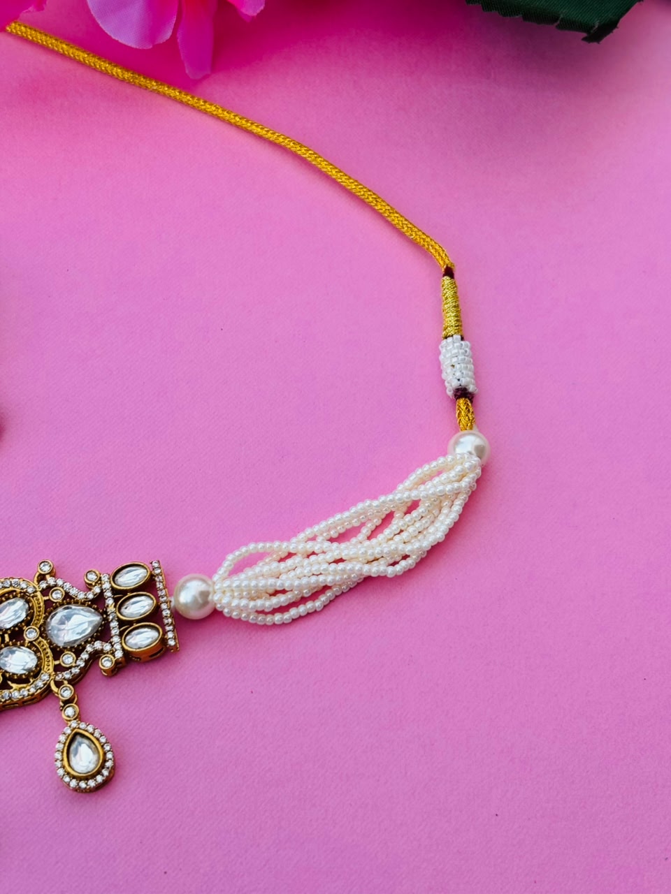 Kundan Pearl Choker Necklace Set - Image 4