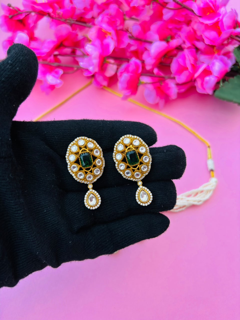 Kundan Pearl Choker Necklace Set - Image 5