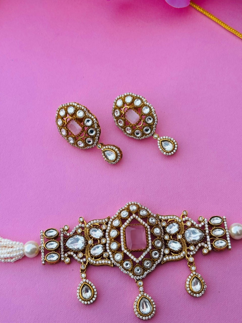 Kundan Pearl Choker Necklace Set - Image 3
