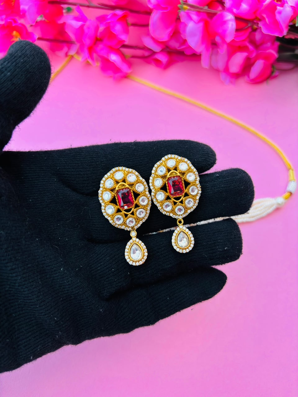 Kundan Pearl Choker Necklace Set - Image 5