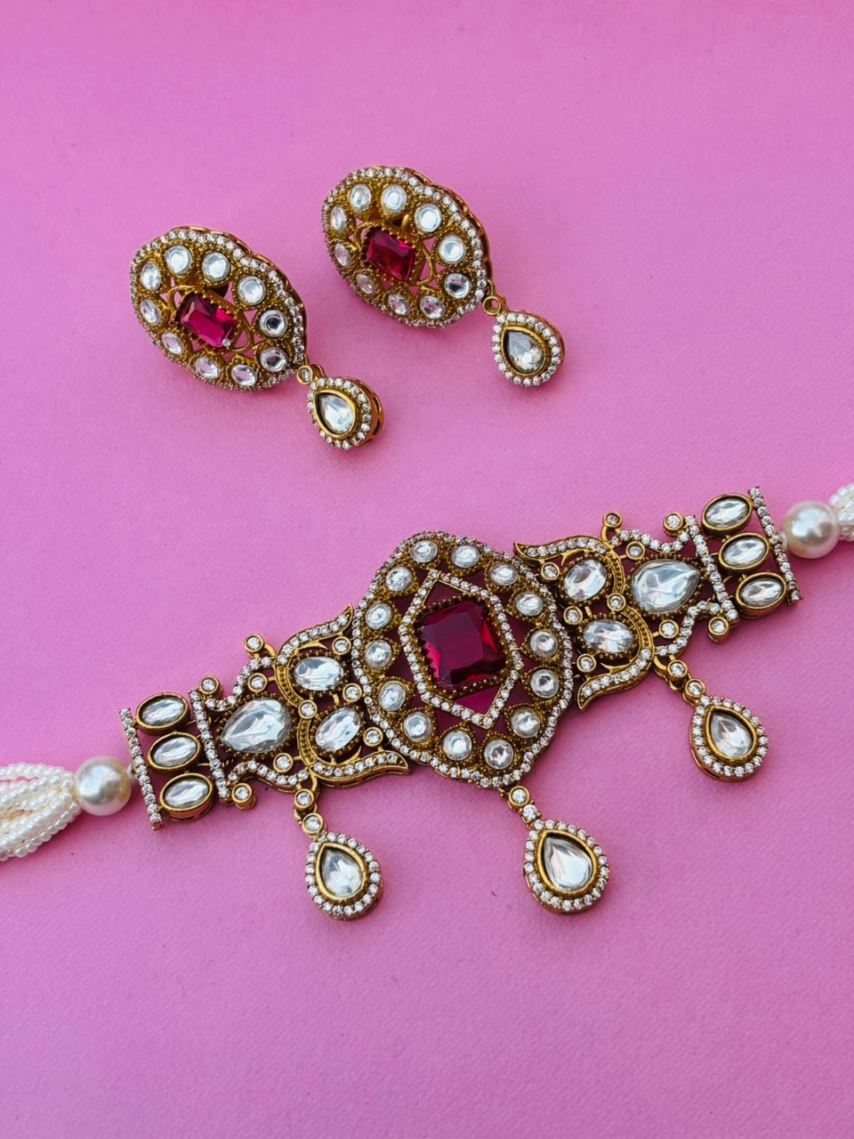 Kundan Pearl Choker Necklace Set - Image 3