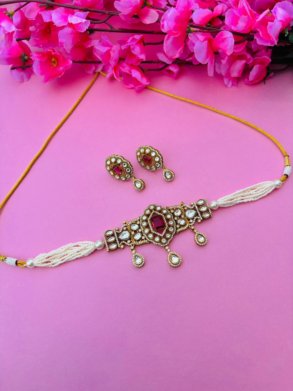 Kundan Pearl Choker Necklace Set - Image 2