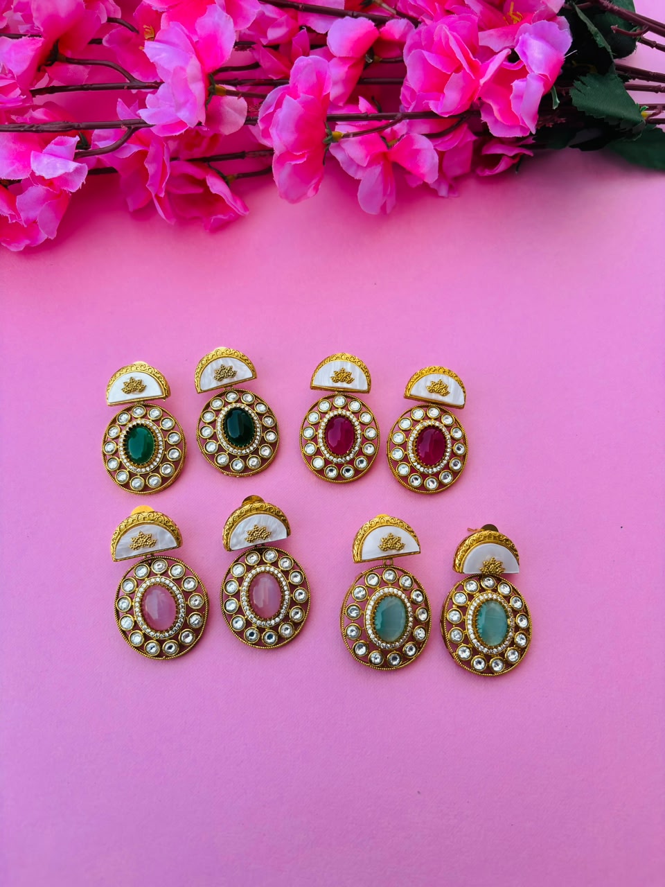 Gold Plated Green Stone Round Studded Earrings for Women - Image 8