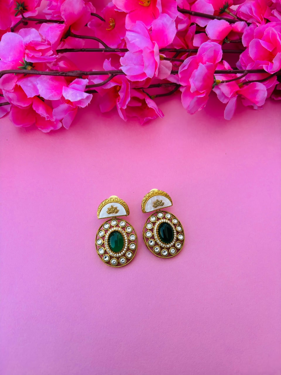 Gold Plated Green Stone Round Studded Earrings for Women - Image 2