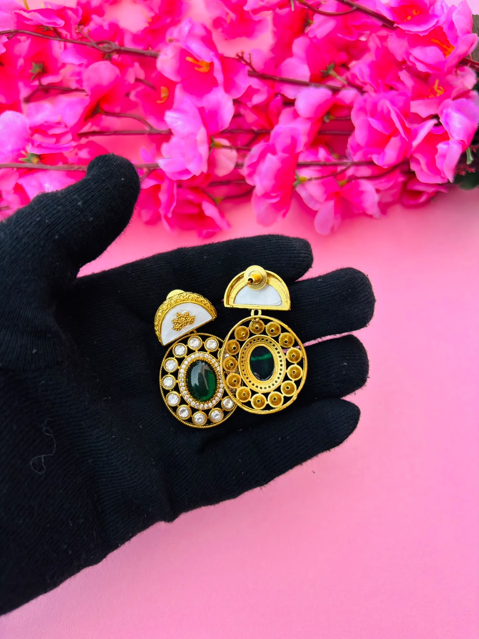 Gold Plated Green Stone Round Studded Earrings for Women - Image 6