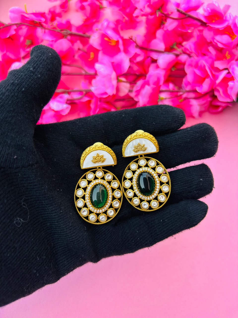 Gold Plated Green Stone Round Studded Earrings for Women - Image 3