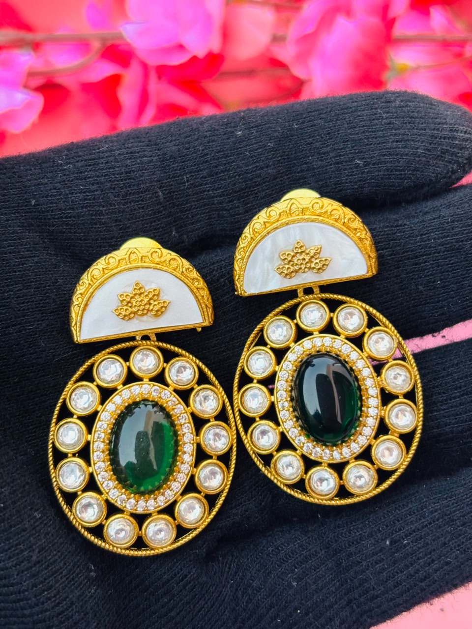 Gold Plated Green Stone Round Studded Earrings for Women - Image 5