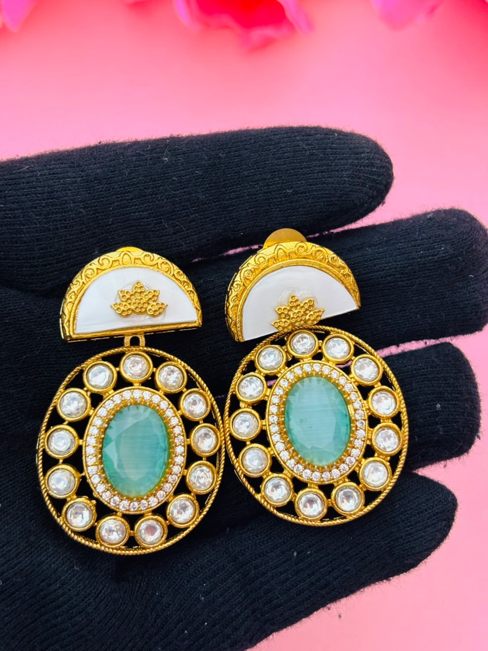 Gold Plated Green Stone Round Studded Earrings for Women - Image 5