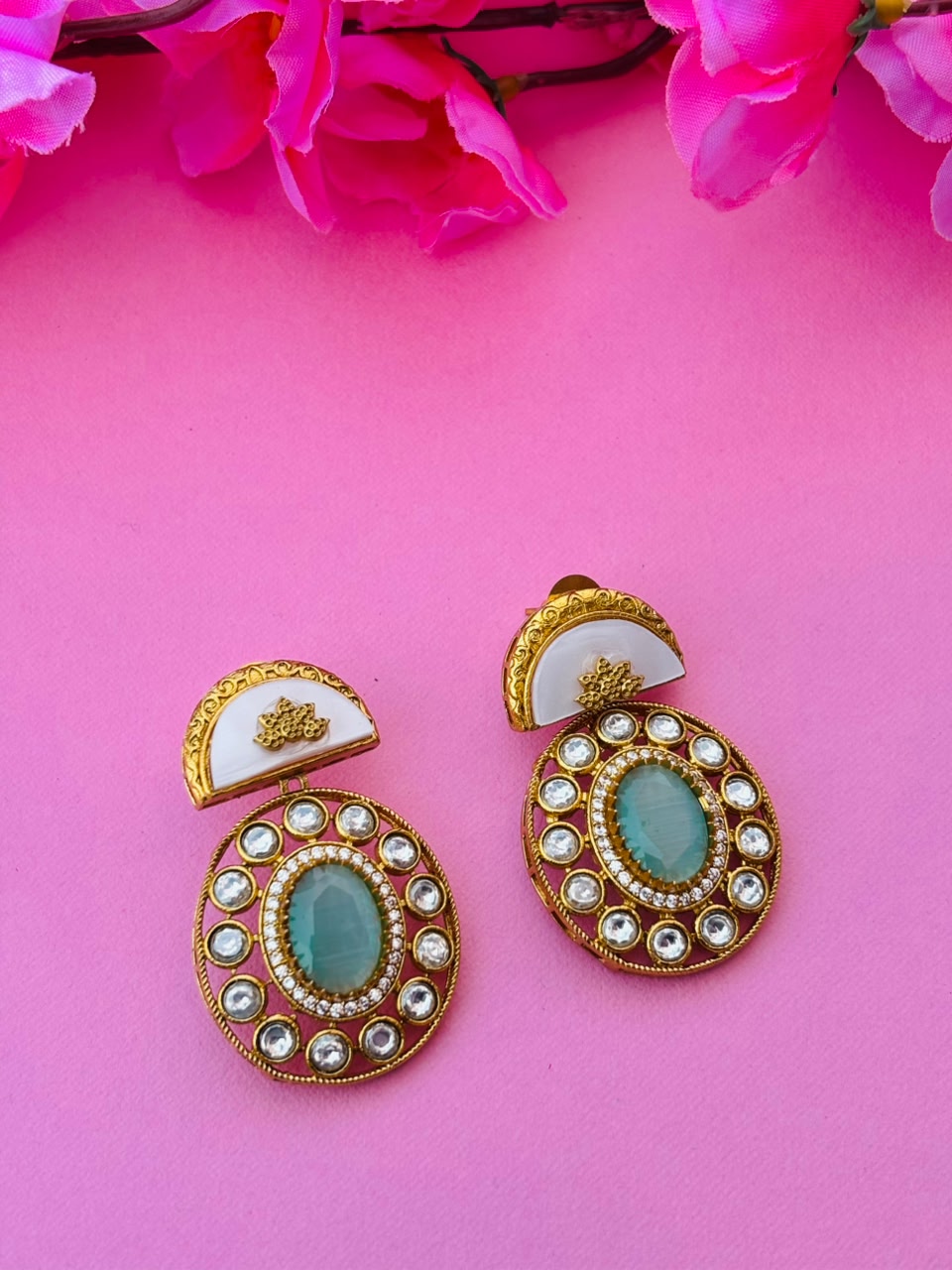 Gold Plated Green Stone Round Studded Earrings for Women - Image 4