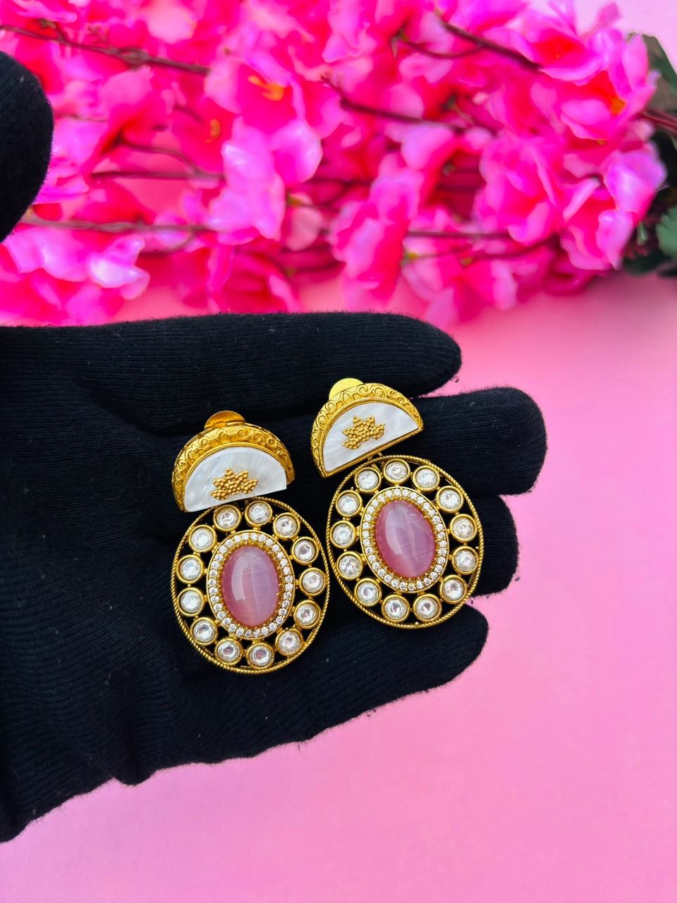 Gold Plated Pink Stone Round Studded Earrings for Women - Image 3