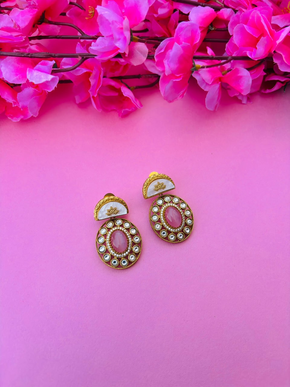 Gold Plated Pink Stone Round Studded Earrings for Women - Image 2