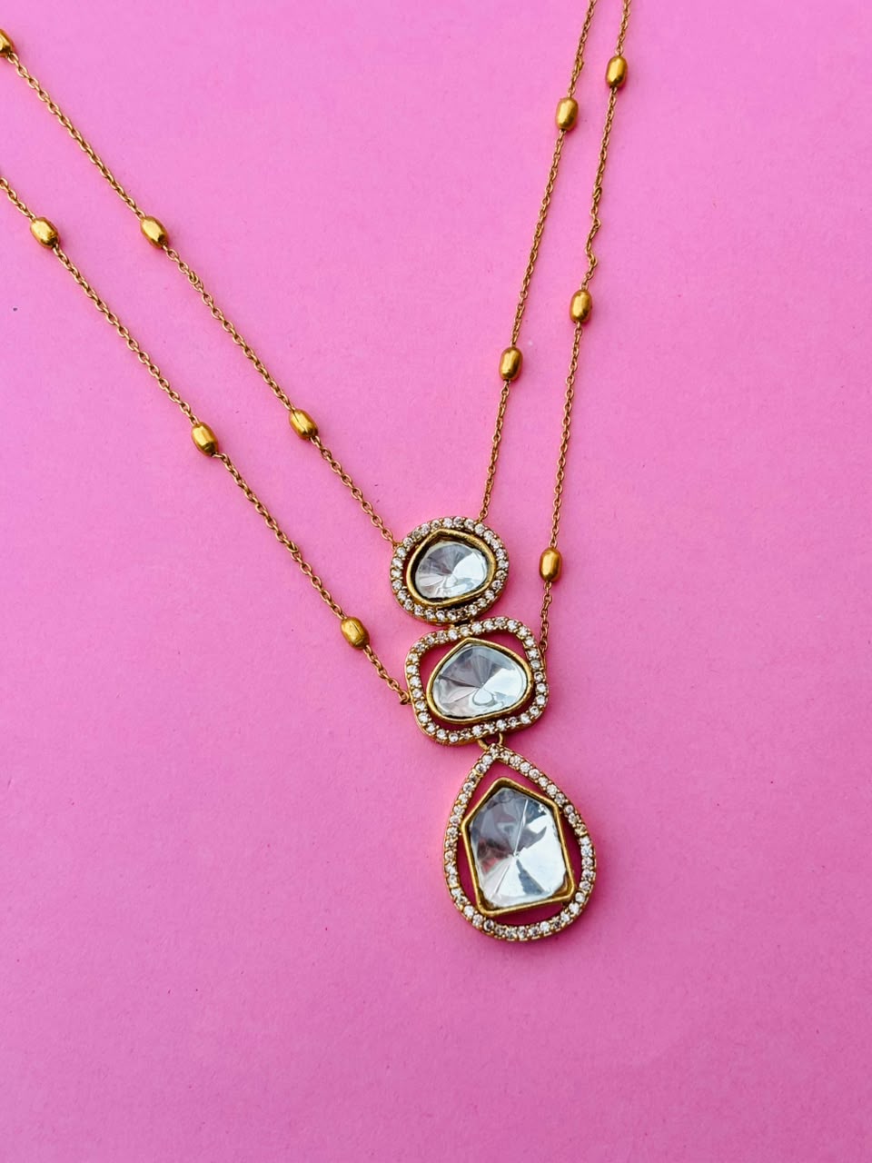 Kundan Layered Chain Pendant Necklace Set - Image 4