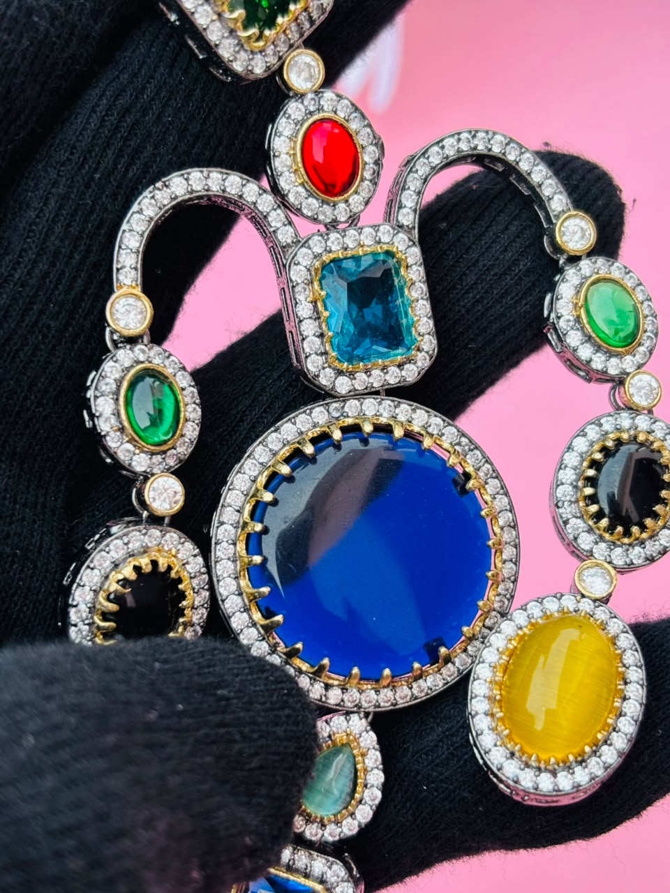 Victorian Multi-Gemstone Chandelier Earrings – Navratna Style - Image 6