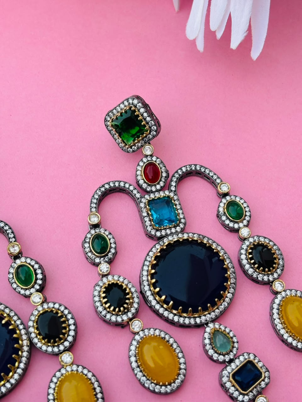 Victorian Multi-Gemstone Chandelier Earrings – Navratna Style - Image 5