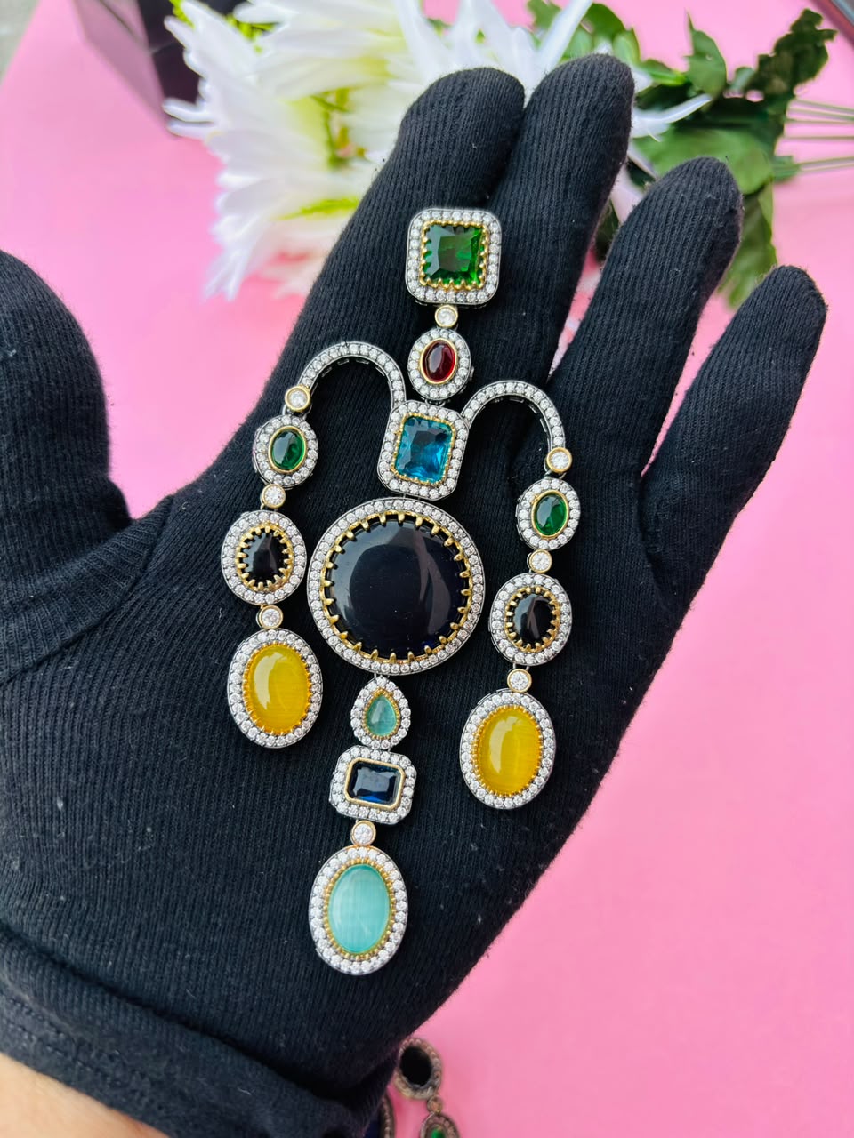 Victorian Multi-Gemstone Chandelier Earrings – Navratna Style - Image 4