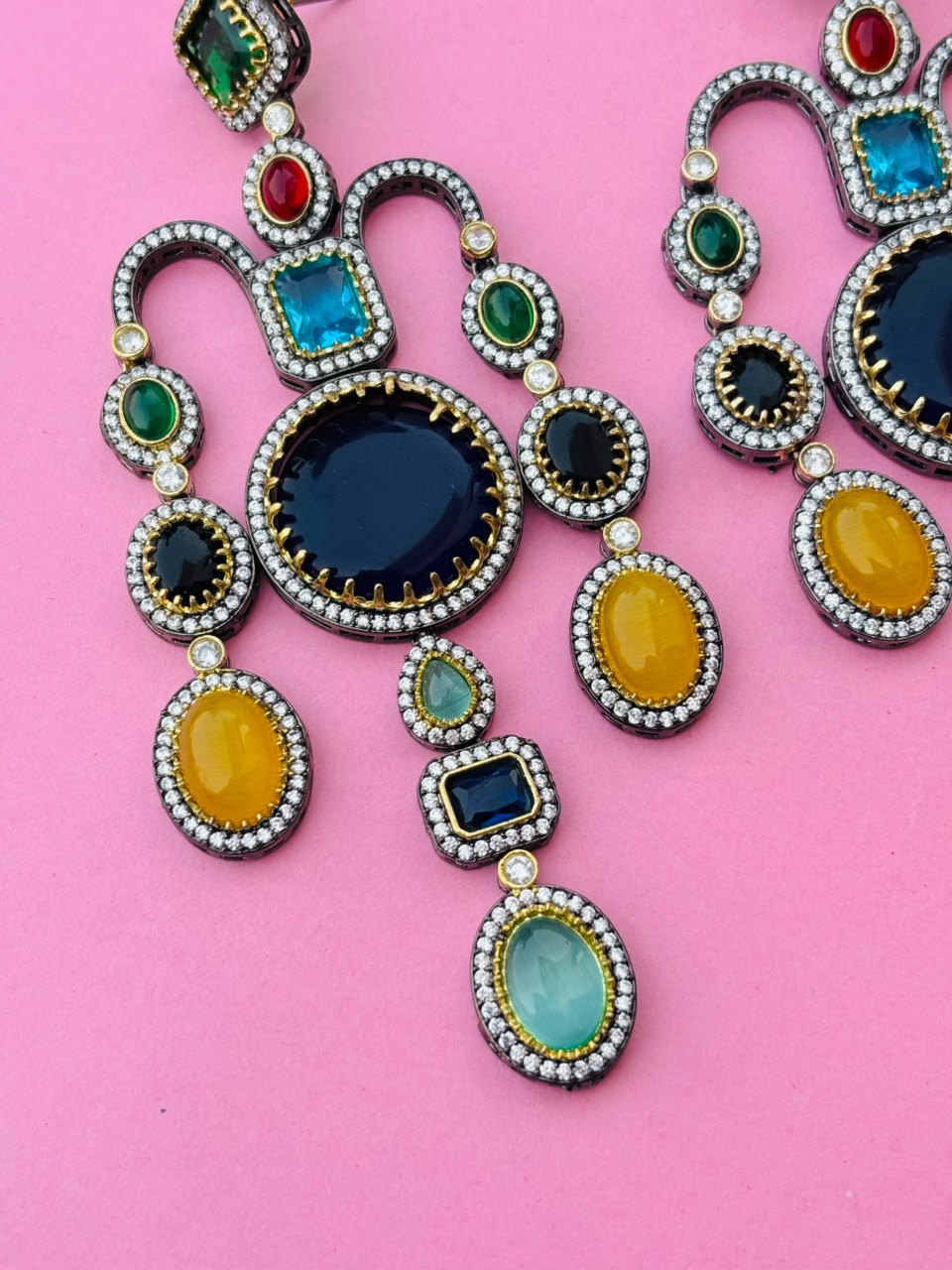 Victorian Multi-Gemstone Chandelier Earrings – Navratna Style - Image 3