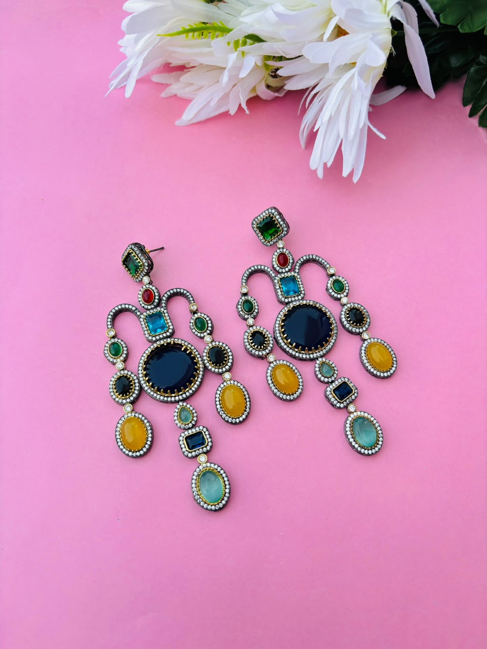 Victorian Multi-Gemstone Chandelier Earrings – Navratna Style - Image 2