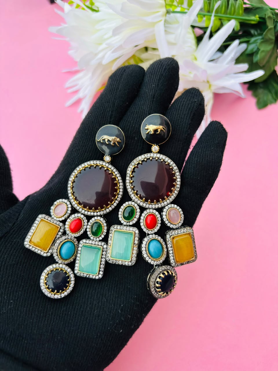 Victorian Lion Enamel Statement Earrings – Multicolor Stone - Image 3