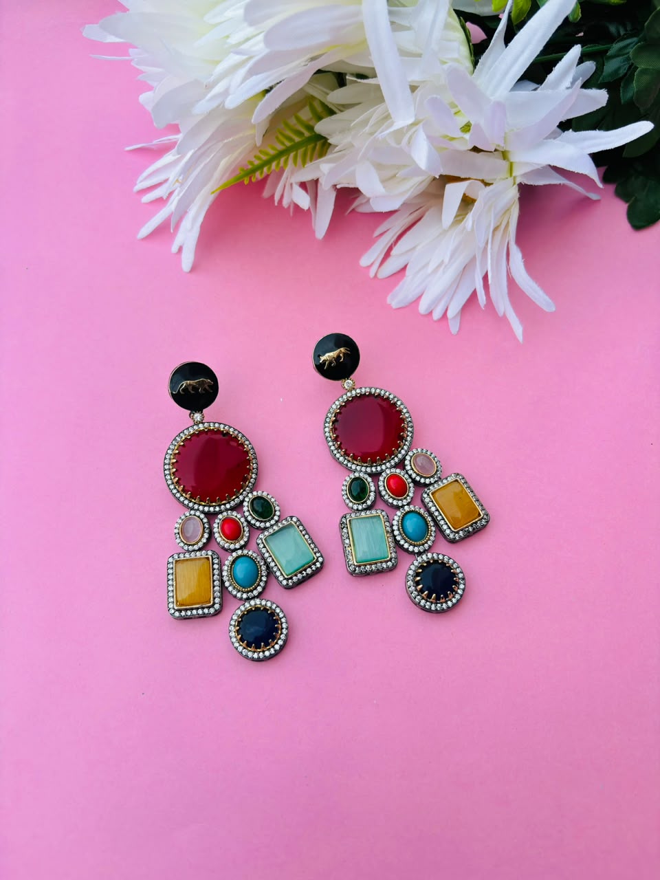 Victorian Lion Enamel Statement Earrings – Multicolor Stone - Image 2