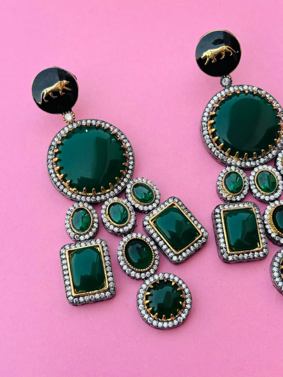 Victorian Lion Enamel Statement Earrings – Emerald Green - Image 4