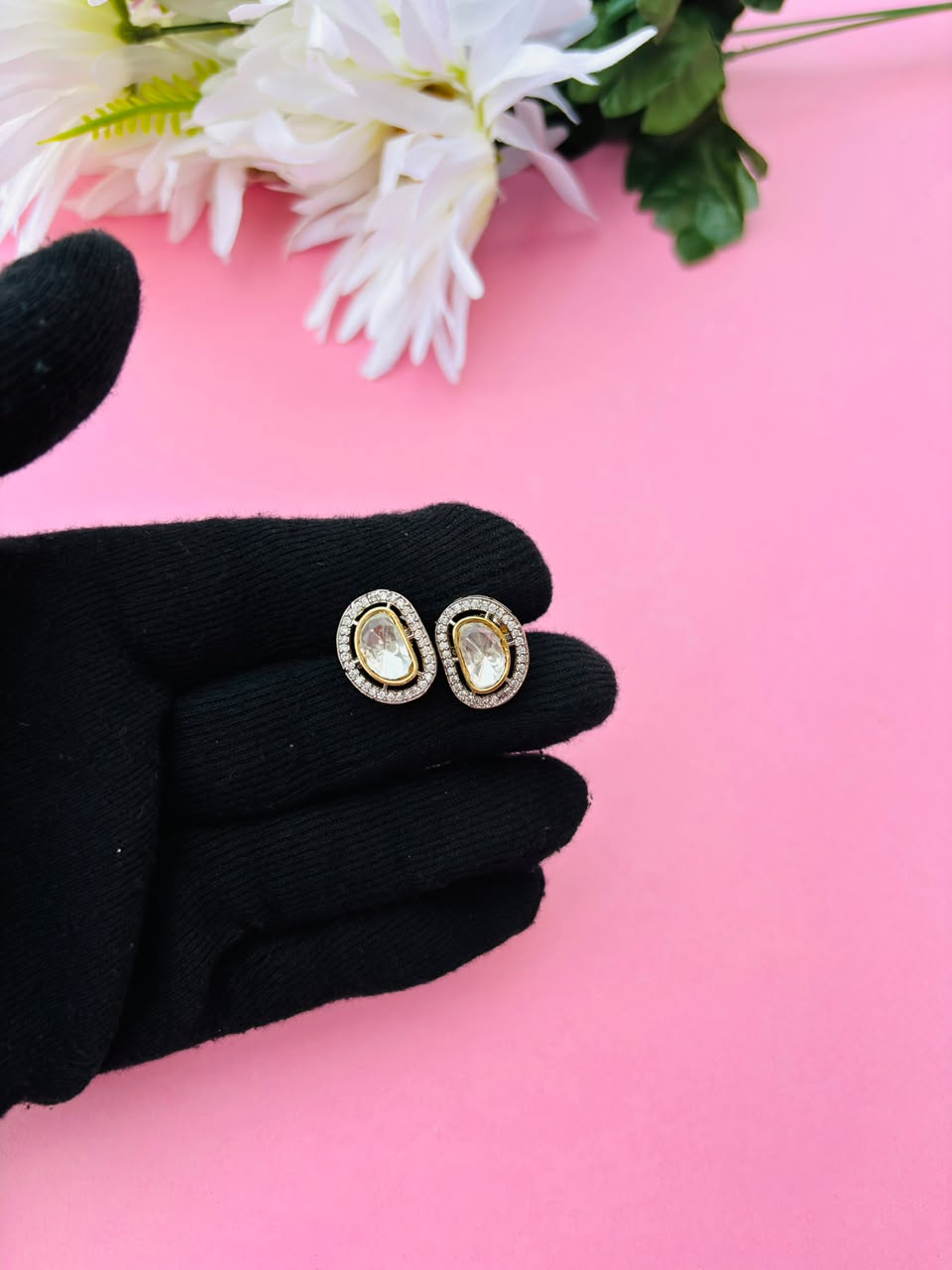 Premium Polki Stud Earrings – Dual Tone CZ Studded - Image 2