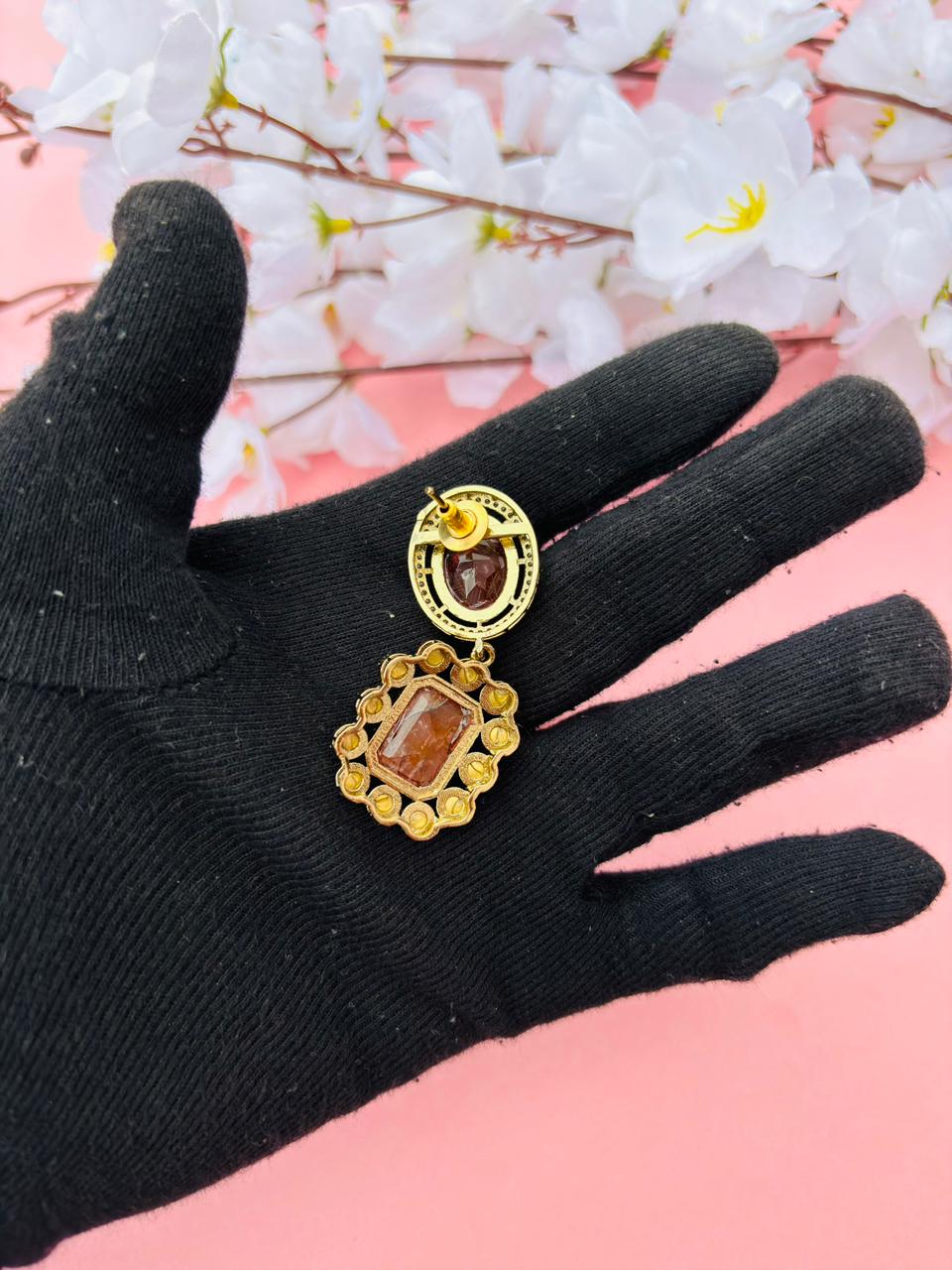 Gold Plated Rectangle Stone Drop Earrings - Image 6