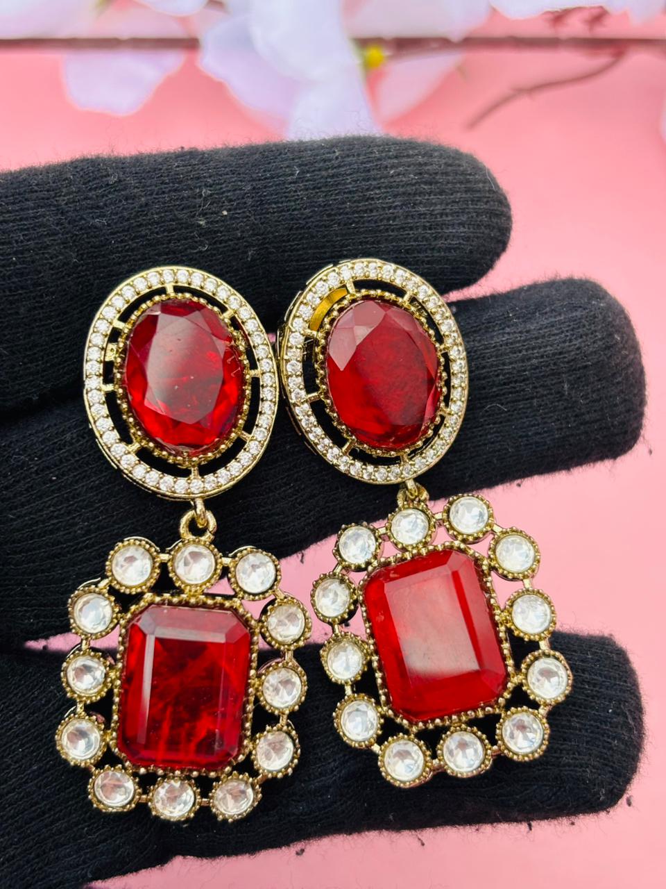 Gold Plated Rectangle Stone Drop Earrings - Image 5