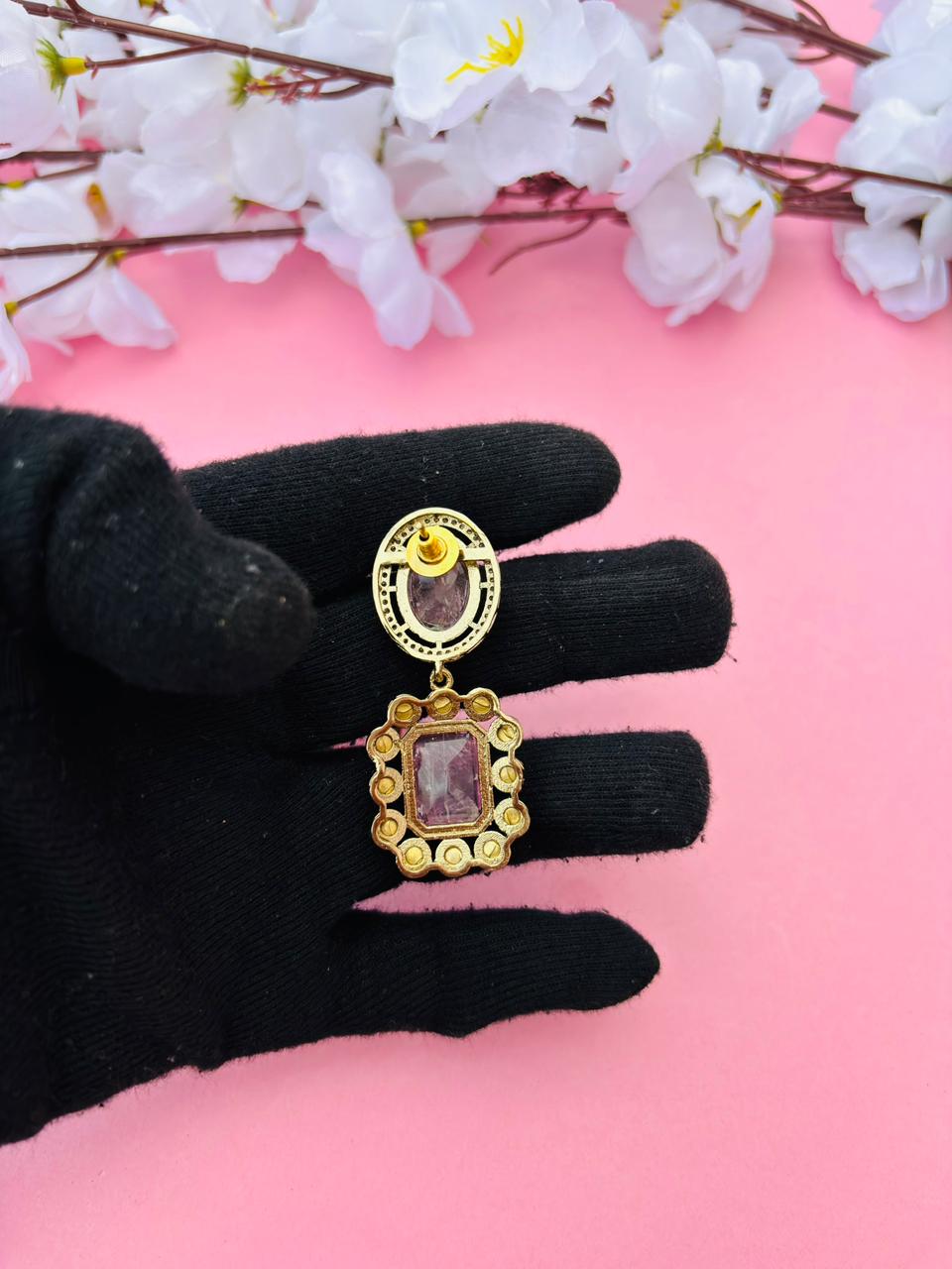 Gold Plated Rectangle Stone Drop Earrings - Image 6