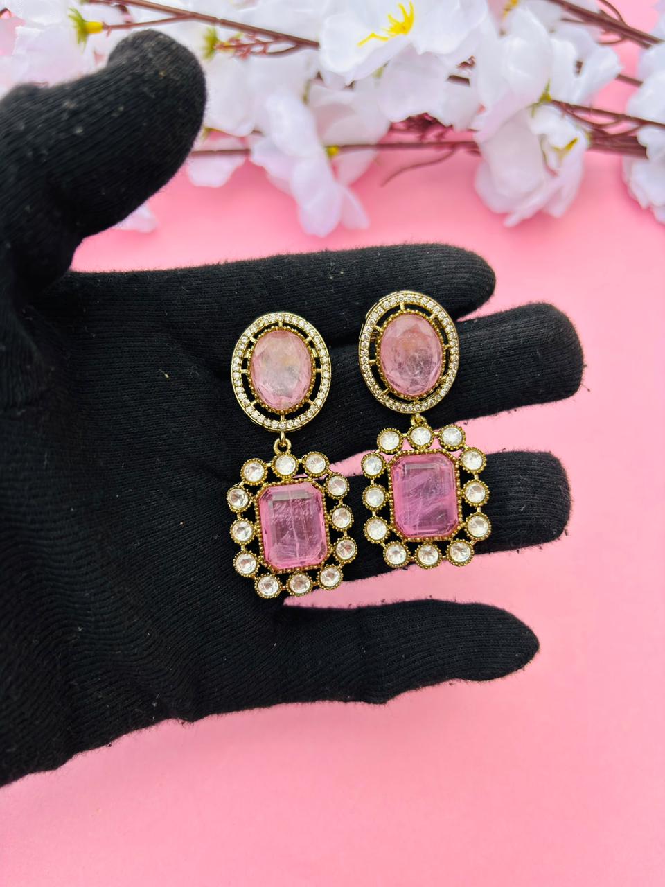 Gold Plated Rectangle Stone Drop Earrings - Image 3