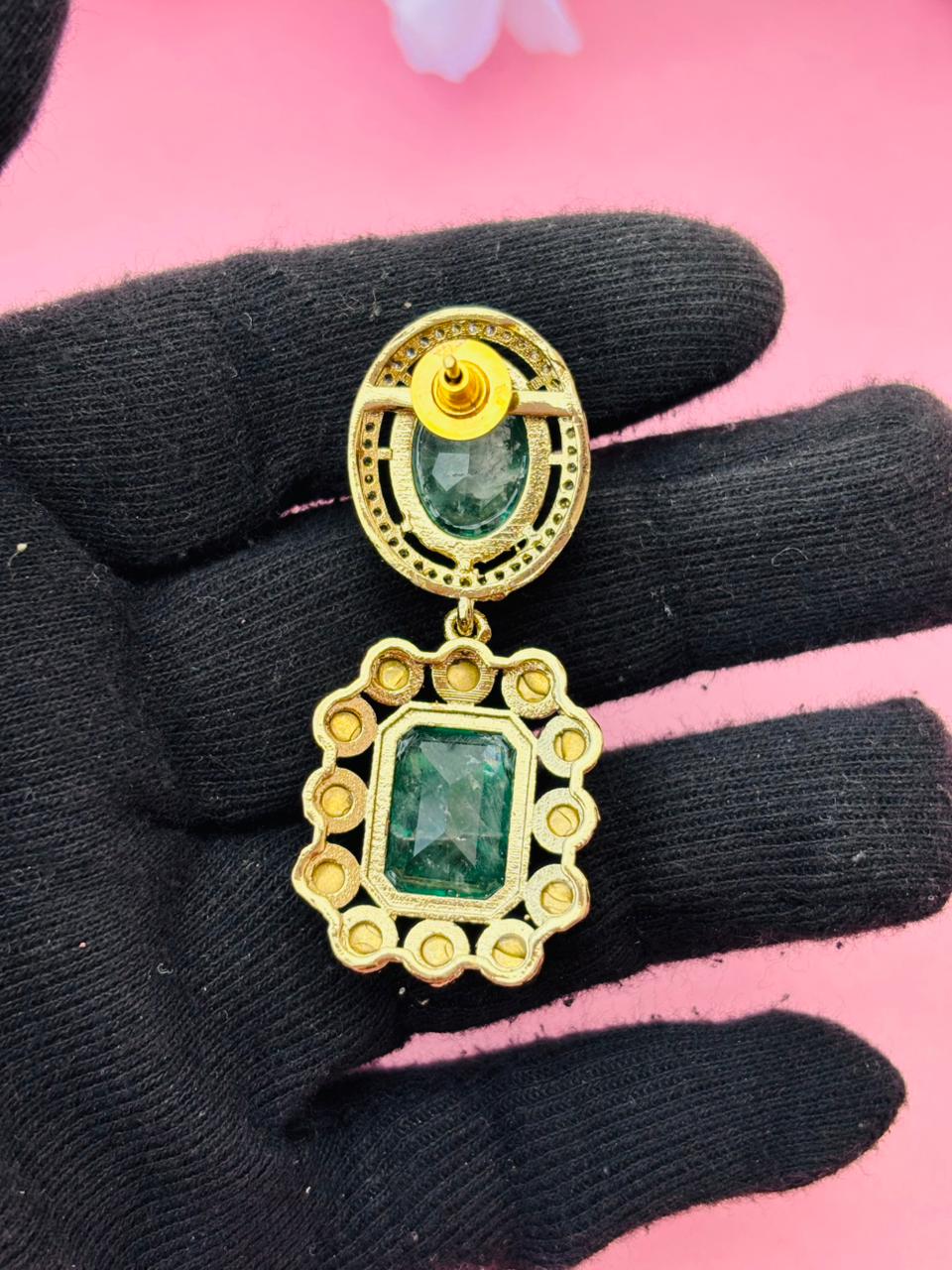 Gold Plated Rectangle Stone Drop Earrings - Image 6