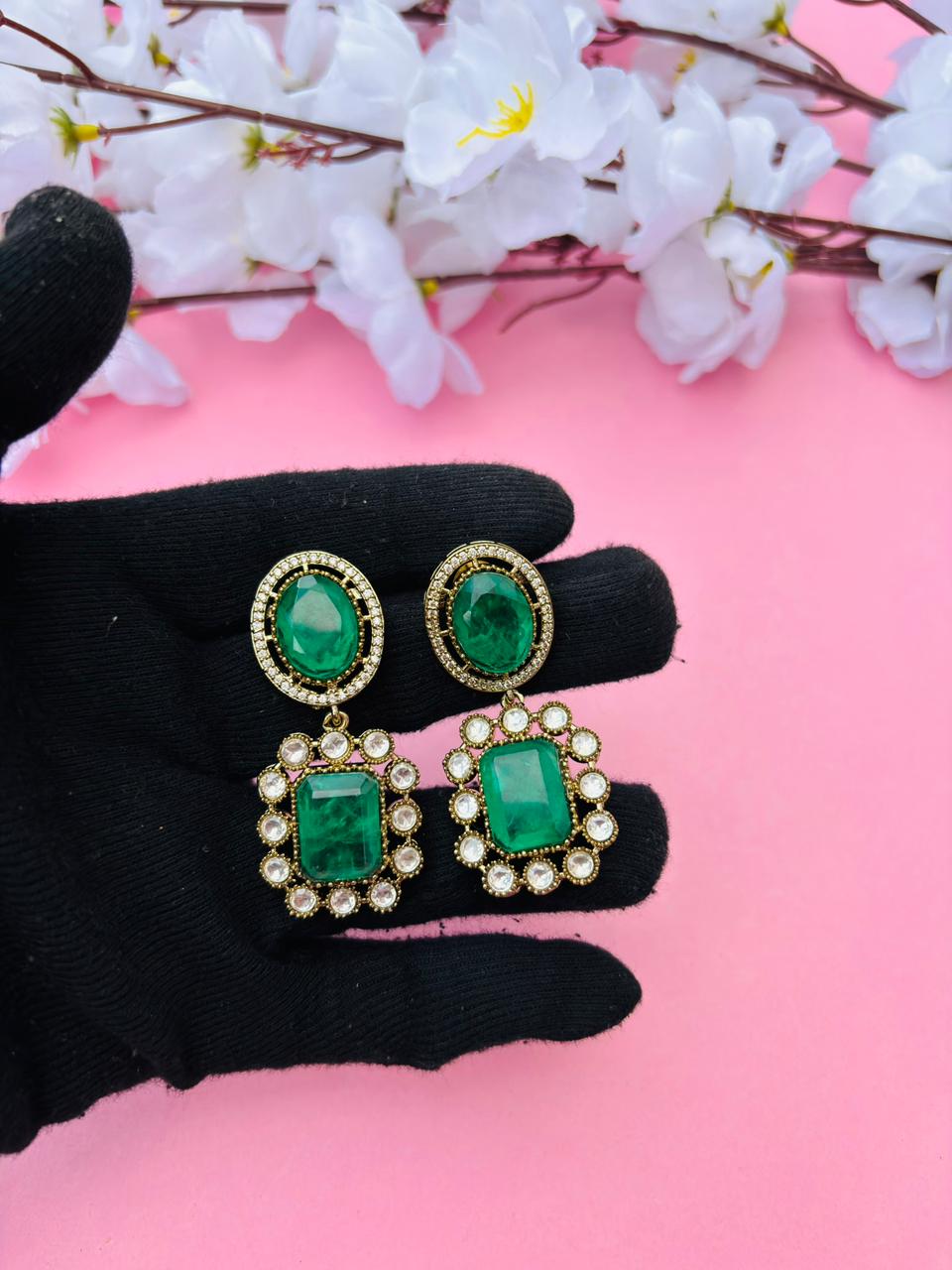 Gold Plated Rectangle Stone Drop Earrings - Image 3