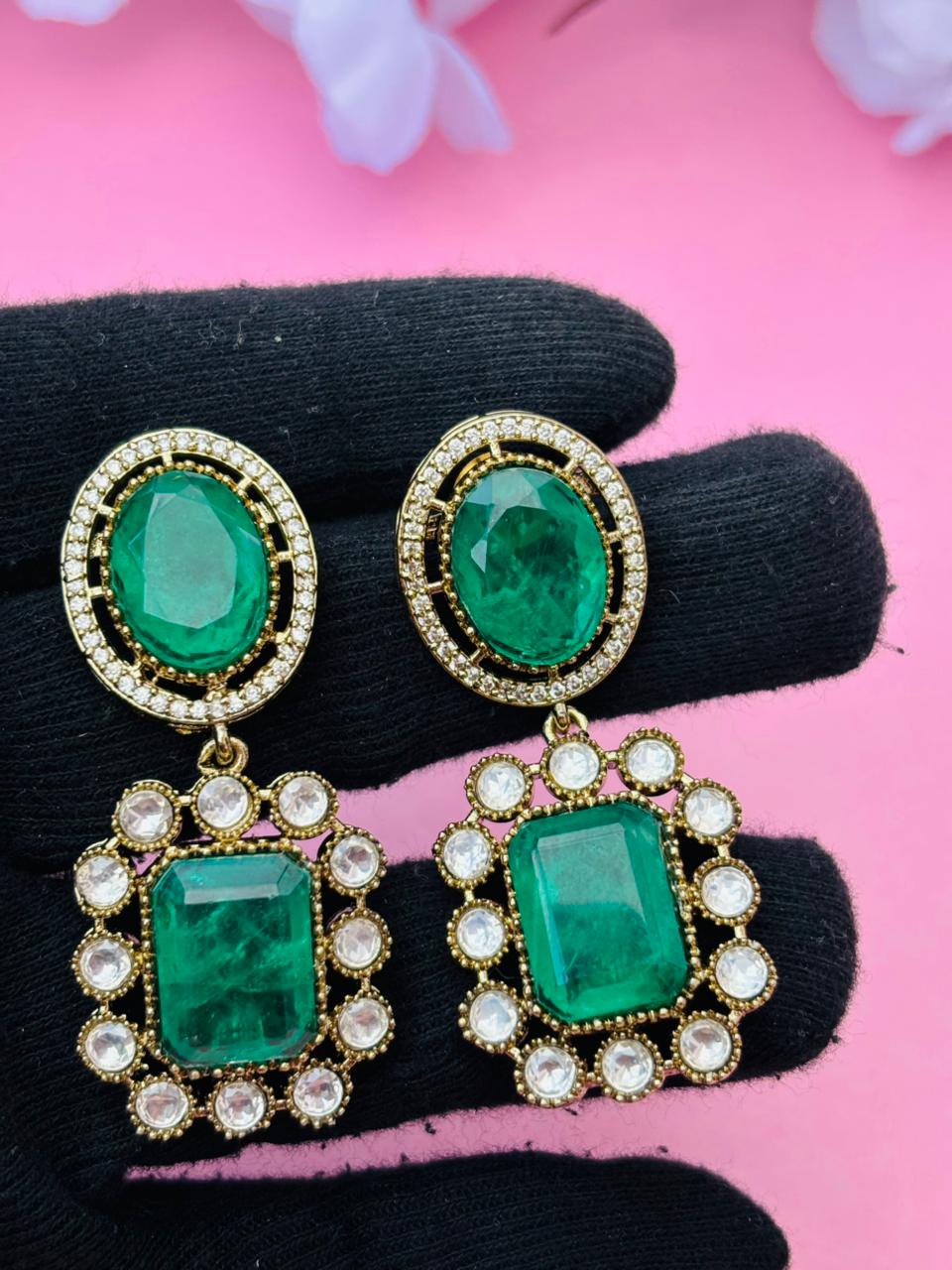 Gold Plated Rectangle Stone Drop Earrings - Image 4