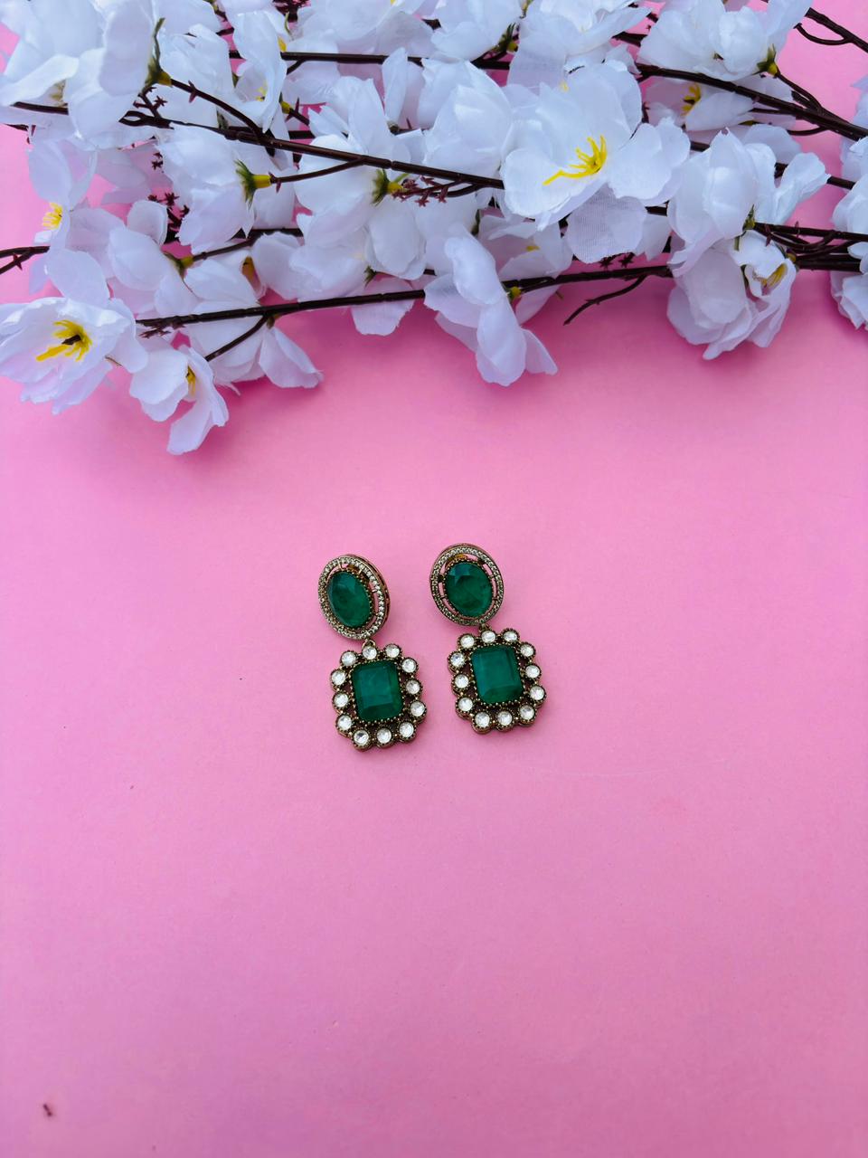 Gold Plated Rectangle Stone Drop Earrings - Image 2