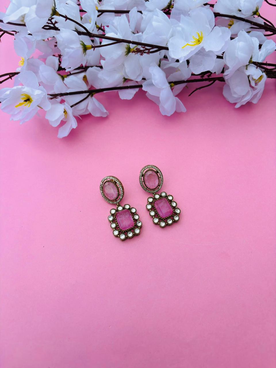 Gold Plated Rectangle Stone Drop Earrings - Image 2