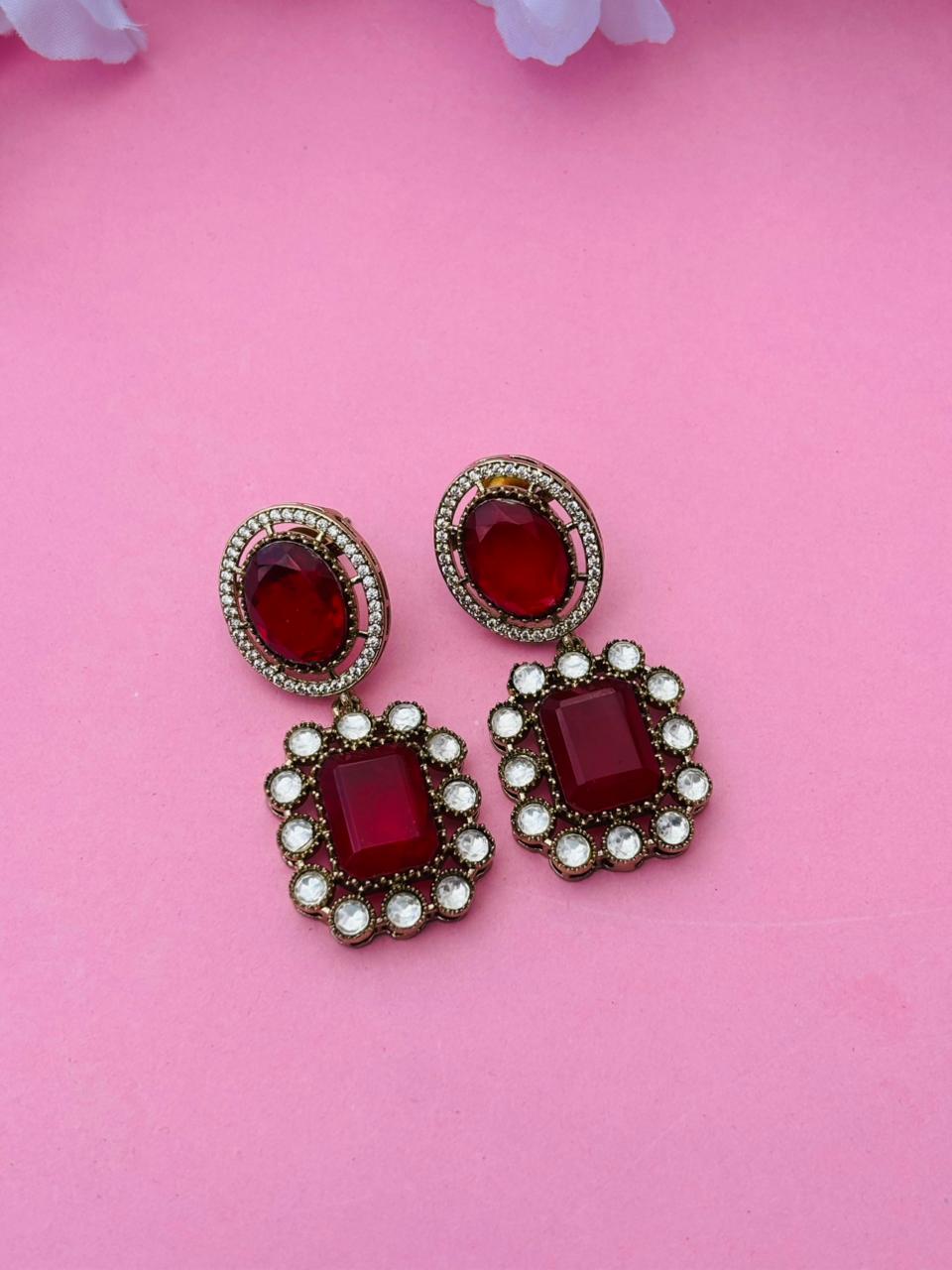 Gold Plated Rectangle Stone Drop Earrings - Image 4