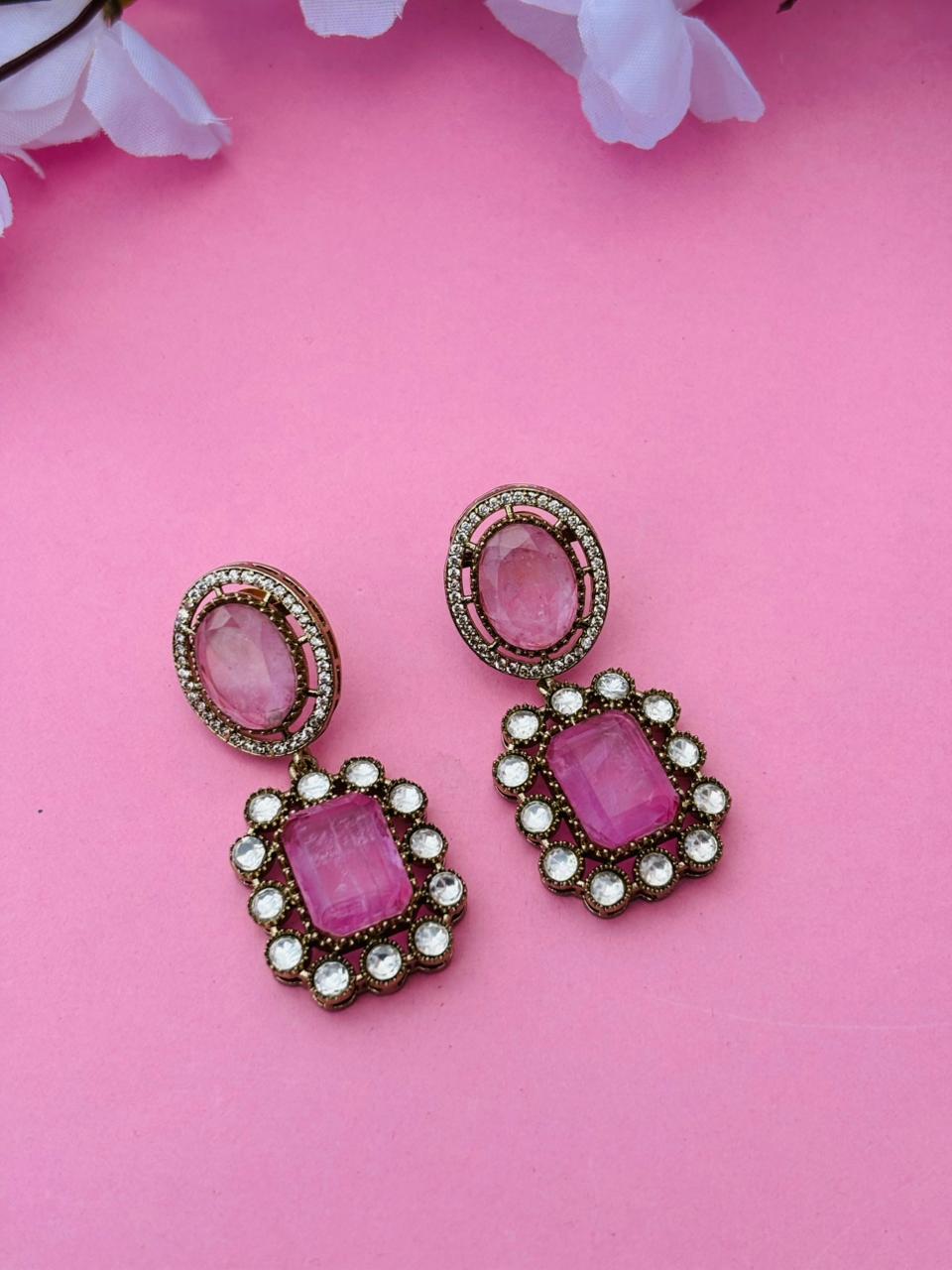 Gold Plated Rectangle Stone Drop Earrings - Image 4